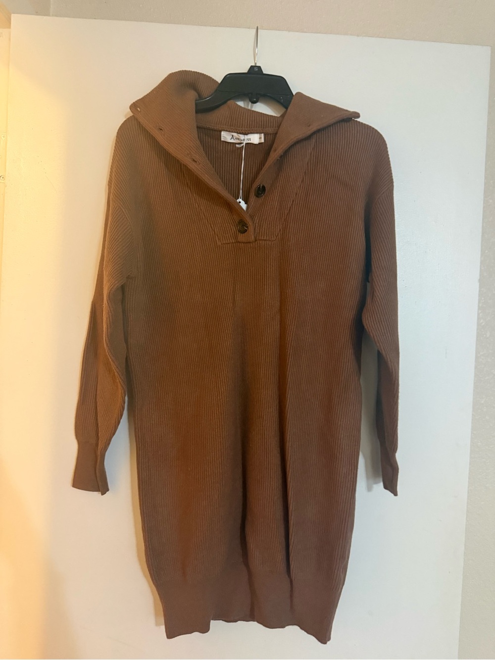 Anrabess Brown Ribbed Sweater Dress Button Collar Size Small